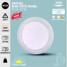 36W KRİSTAL SIVA ÜSTÜ PANEL-3 RENK BEYAZ GÜNIŞIĞI ILIK BEYAZ